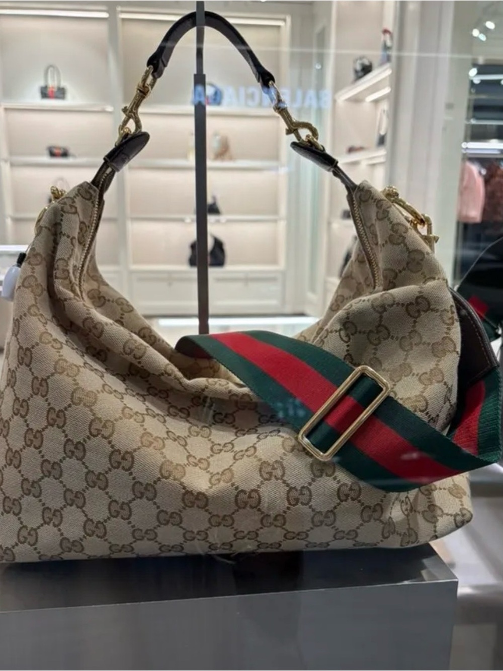 XL canvas Hobo Bag with Green-Red Web Strap